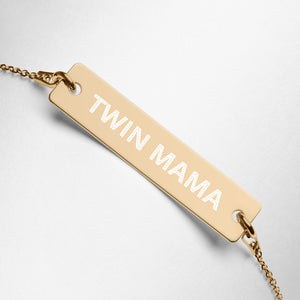 Twin Mama Engraved Silver Bar Chain Bracelet